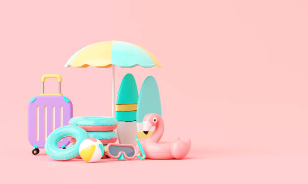 istock Summer pink vacation beach with Minimal Surfboard, island, elements background concept, Realistic Display for Product mock-up or Cosmetics with summer pink theme. minimal cute design. 3d rendering 1492670436
