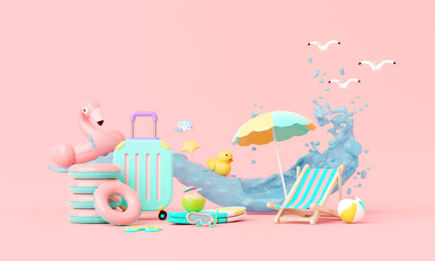 istock Summer pink vacation beach with Minimal Surfboard, island, elements background concept, Realistic Display for Product mock-up or Cosmetics with summer pink theme. minimal cute design. 3d rendering 1492670482