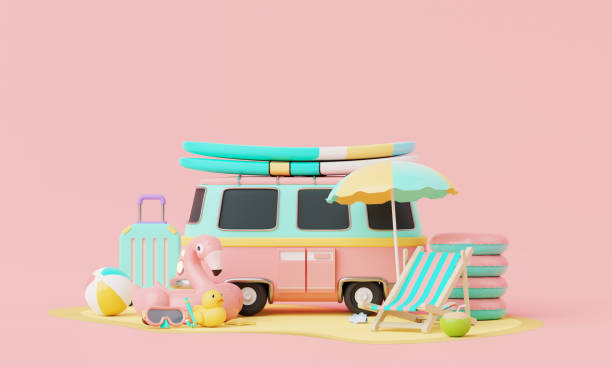 istock Summer pink vacation beach with Minimal travel van bus, surfboard, elements background concept, Realistic Display for Product mock-up with summer pink theme. minimal cute design. 3d rendering 1492670492