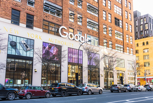 New York City, USA - A large sign on the exterior of Google's store and office in the Port Authority Building in the Chelsea district of Manhattan.