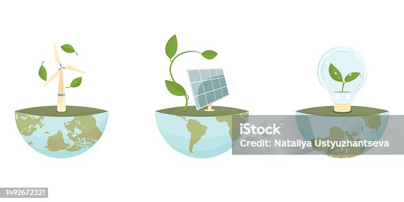 istock Set of illustrations of sustainable development. ESG, green energy, sustainable industry with windmills, solar panels, green leaves. 1492672321