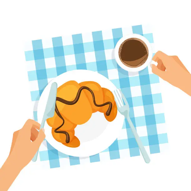 Vector illustration of Croissant with chocolate and coffee on a table with tablecloth.