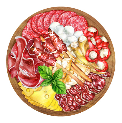 Antipasto, Italian appetizers and grissini bread sticks on wooden background. Hand-drawn watercolor illustration. Suitable for menus, cookbook and restaurant