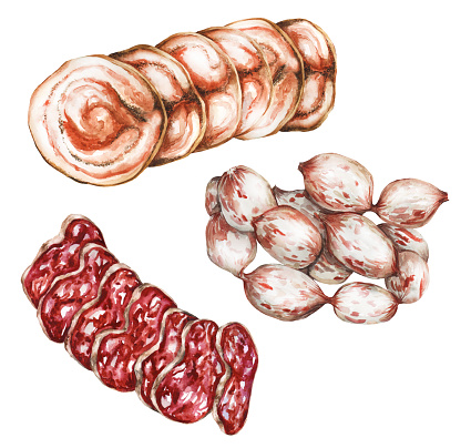 Collection of different italian delicacies of pancetta, koppa and mini salami on a white isolated background. Hand-drawn watercolor illustration. Suitable for menus, cookbook and restaurant