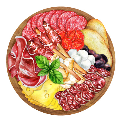 Italian appetizers or antipasto. Mixed delicatessen of cheese and meat snacks. Hand-drawn watercolor illustration. Suitable for menus, cookbook and restaurant