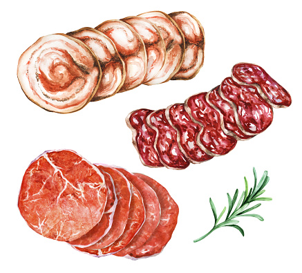 Slices of pancetta, soppressata and koppa on a white isolated background. Hand-drawn watercolor illustration. Suitable for menus, cookbook and restaurant