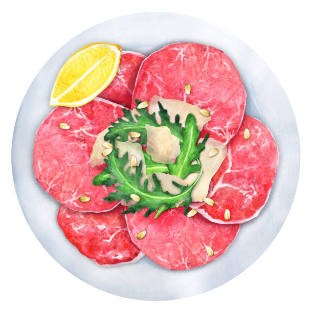 illustrazioni stock, clip art, cartoni animati e icone di tendenza di carpaccio marmorizzato di manzo con rucola e parmigiano - carpaccio arugula food backgrounds food and drink