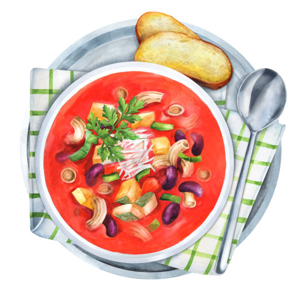 ilustraciones, imágenes clip art, dibujos animados e iconos de stock de sopa italiana de verduras minestrone con pasta. ilustración en acuarela - minestrone