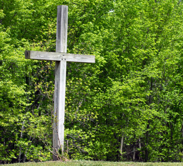 istock A wooden cross with forest in the background. 1492679294