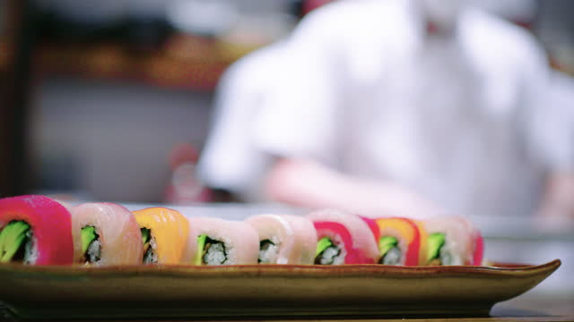 Sushi and Mix roll on the dish at Sushi Bar at Japanese restaurant