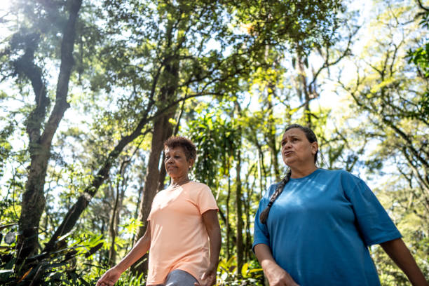 istock Senior friends talking while walking in the park 1492680611
