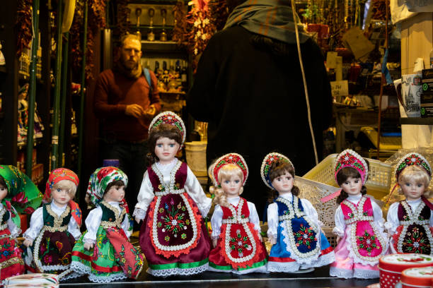 Budapest, Hungary - November 26th, 2022: Traditional hungarian dolls for sale on a Budapest, Hungary, street.