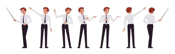 Vector illustration of Business consultant professional male set, handsome man show, point poses