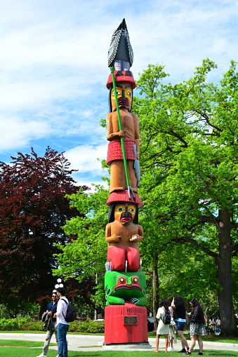 Centennial totem pole at the Sitka National Historic Park in Sitka, Alaska.