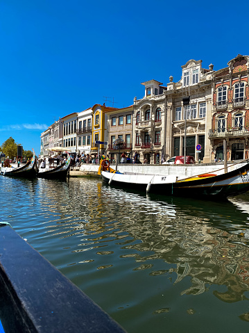 Traditional anchored river boats in Aveiro