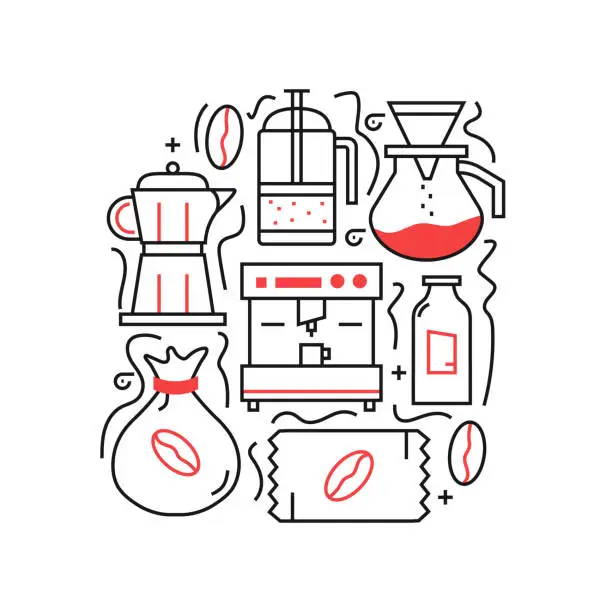 Vector illustration of Coffee . The design is editable and the color can be changed. Vector set of creativity icons: Coffee Tree , Coffee Bean , Latte , Moka Pot , Coffeemaker , French Press