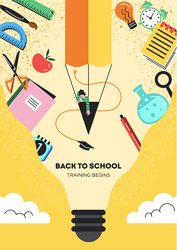 Back to school poster. Abstract geometric banner with school supplies, pencil, notebook and ruler in light bulb. Creative schoolboy learning. Education and study. Cartoon flat vector illustration