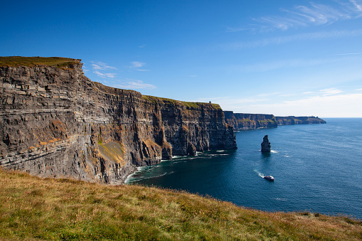 On the very edge of the Cliffs of Moher. The sea cliffs located at the southwestern edge of the Burren region in County Clare, Ireland. They run for about 14 kilometres.