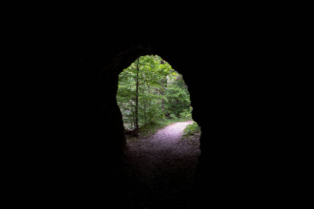 istock Mysterious exit from a cave to green forest. Light at the end of the tunnel concept. Footpath on hiking trail, cave in the mountains. Exploration, trekking trail. Cave corridor. 1492685260