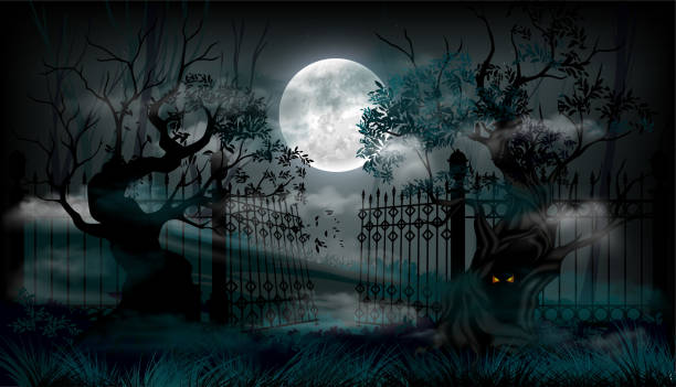 Halloween grave background Halloween grave background. Moon in night sky, inverted with silhouettes of trees and scary eyes. International holiday of fear and horror. Creepy landscape in moonlight. Realistic vector illustration scenery video stock illustrations