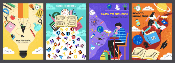 ilustrações de stock, clip art, desenhos animados e ícones de set of back to school posters - education child learning pencil