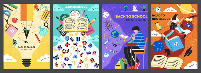 Set of back to school posters. Abstract geometric illustrations with school supplies, students in classroom and books. Education and study. Cartoon flat vector collection isolated on black background