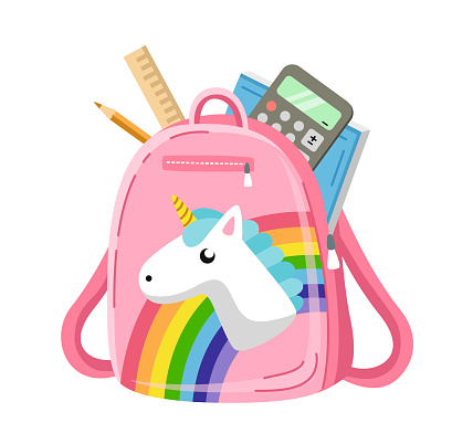 Cute school backpack. Pink bag with unicorn and rainbow for schoolgirl. Accessory with school supplies for lesson. Education and learning. Cartoon flat vector illustration isolated on white background