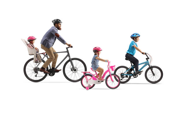 istock Father with three children riding bicycles 1492688178