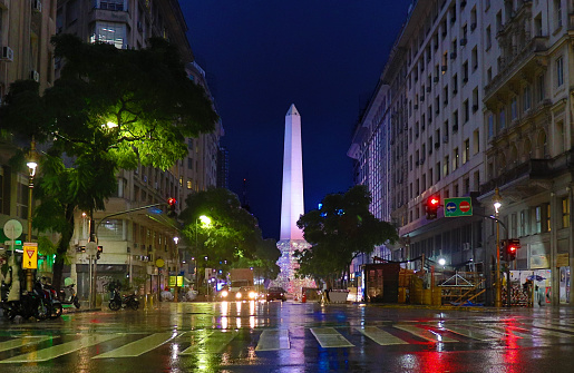 rain on the obelisk of buenos aires at night