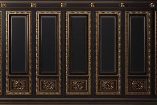 3d illustration. Classic wall of black old gold wood panels. Joinery in the interior. Background.