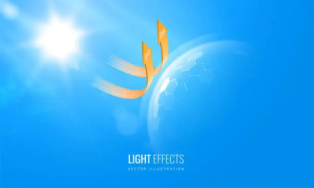 Vector illustration of Protected shield from the sun's rays - background for product. Force field prevents the penetration of sunlight. Degrees of protection against UV rays. Vector illustration