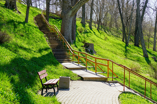 A beautiful walking path with wooden stairs in a nature park in a hilly area, springtime sunlight on green grass