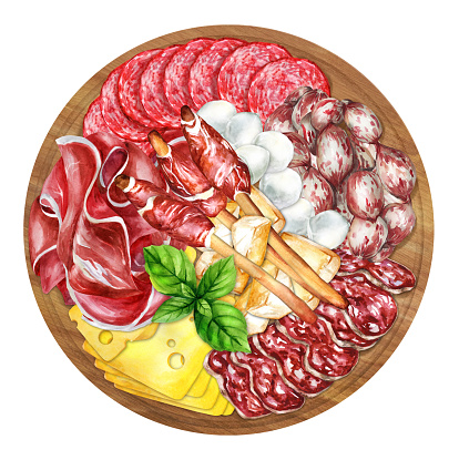 Antipasto of cold meat and grissini bread sticks on wooden background. Traditional Italian appetizers. Hand-drawn watercolor illustration. Suitable for menus, cookbook and restaurant