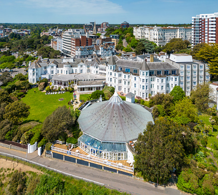 Bournemouth, UK. 22 May 2023. Aerial view of Royal Bath Hotel in and East Cliff in Bournemouth.