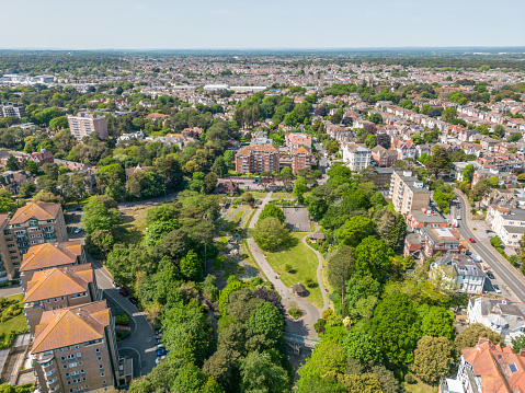 Bournemouth, UK. 22 May 2023. Aerial view of Boscombe Chine Gardens in Bournemouth.
