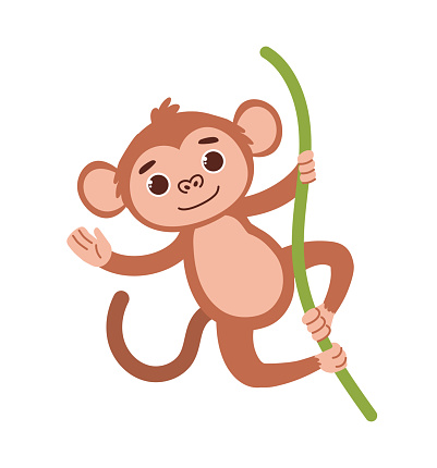 Cute safari monkey. Charming animal hangs on liana and waves its hand. African fauna and wild life, Savannah and jungle, rainforest. Cartoon flat vector illustration isolated on white background