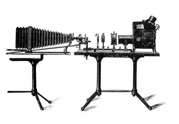 duży aparat mikrograficzny w starej książce technika mikroskopowa, c. friedlaender, 1899, st. petersburg - micrographic stock illustrations