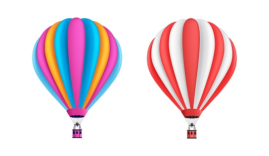 Air balloons set. Air multicolored transport for flights and travel. Imagination and fantasy. Stickers for social networks and messengers. Cartoon flat vector collection isolated on white background