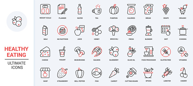 Medical diagnostics, healthcare red black thin line icons set vector illustration. Health support and help in hospital symbols and equipment for check organs, ambulance and clinic laboratory research.