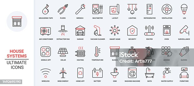 istock Smart home systems trendy red black thin line icons set, electrical appliances and devices, lighting. 1492695190