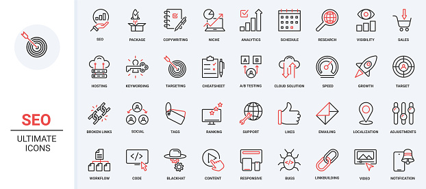 Vector illustration trendy red black thin line icons set SEO online business technology, social media campaign audience support, creative idea content communication, digital marketing process