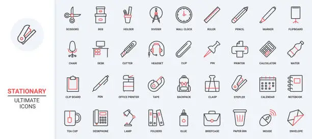 Vector illustration of Office and school supplies, stationary and equipment trendy red black thin line icons, paper documents