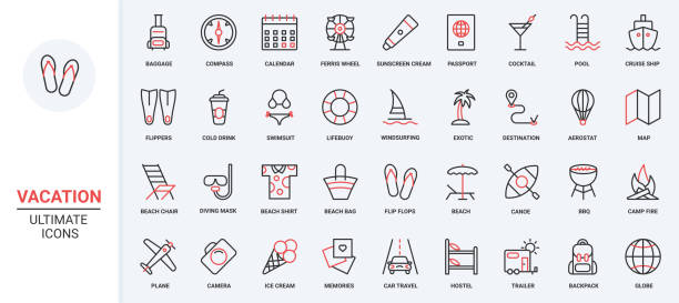 Summer beach vacation and travel trendy red black thin line icons set, baggage for ship cruise, pool party Baggage ship cruise tropical destination, cocktail and swimsuit for pool party, diving mask and backpack. Summer beach vacation and travel trendy red black thin line icons set vector illustration. red beach chairs stock illustrations