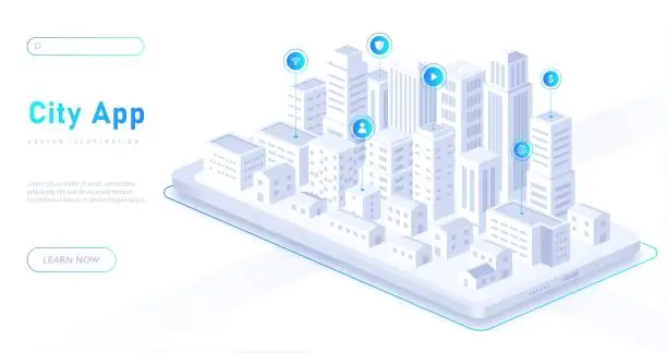 Vector illustration of City on phone white banner