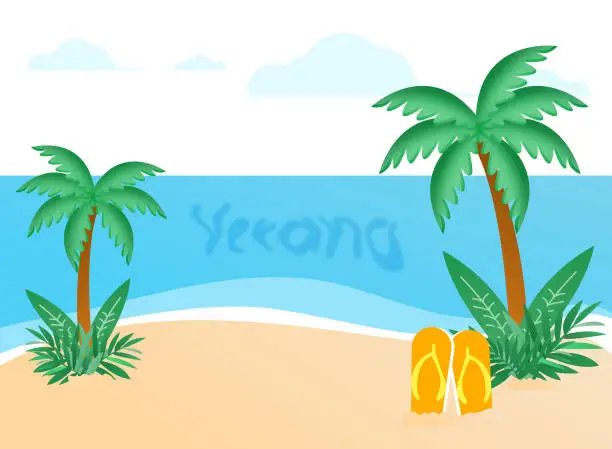 Vector illustration of Beach in summer, with palm trees and the sea, sandals half buried in the sand