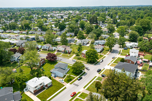 Aerial View of Single-family homes in Pikesville, suburbs of Baltimore, Maryland.