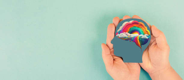 Brain with rainbow cloud, creativity explosion of ideas, positive thinking mind, self identidy and wave of imagination