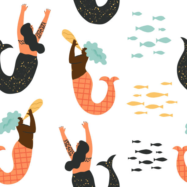 симпатичные русалки векторный бесшовный узор. африканская русалка горнит или звучит труба, татуированные русалки танцуют, косяк рыб непод� - school of fish audio stock illustrations