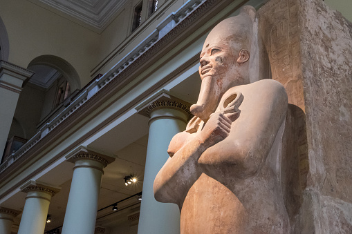 Cairo, Egypt - April 30, 2023: Pharaoh statue inside the Egyptian Museum in the urban center of the city