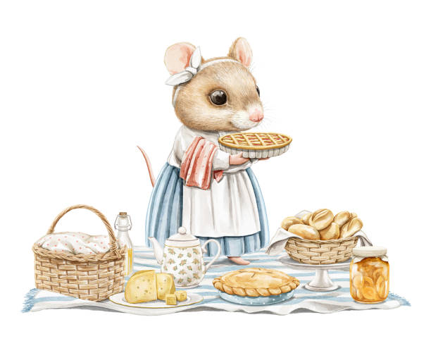 ilustrações de stock, clip art, desenhos animados e ícones de watercolor cartoon composition with mouse girl animal with food on picnic - cartoon chef mouse rat